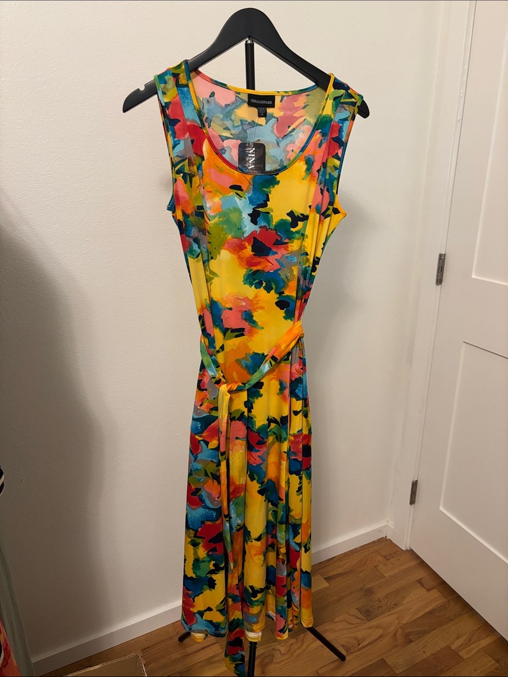 Nina Leonard Yellow Multicolor Floral Sleeveless Dress